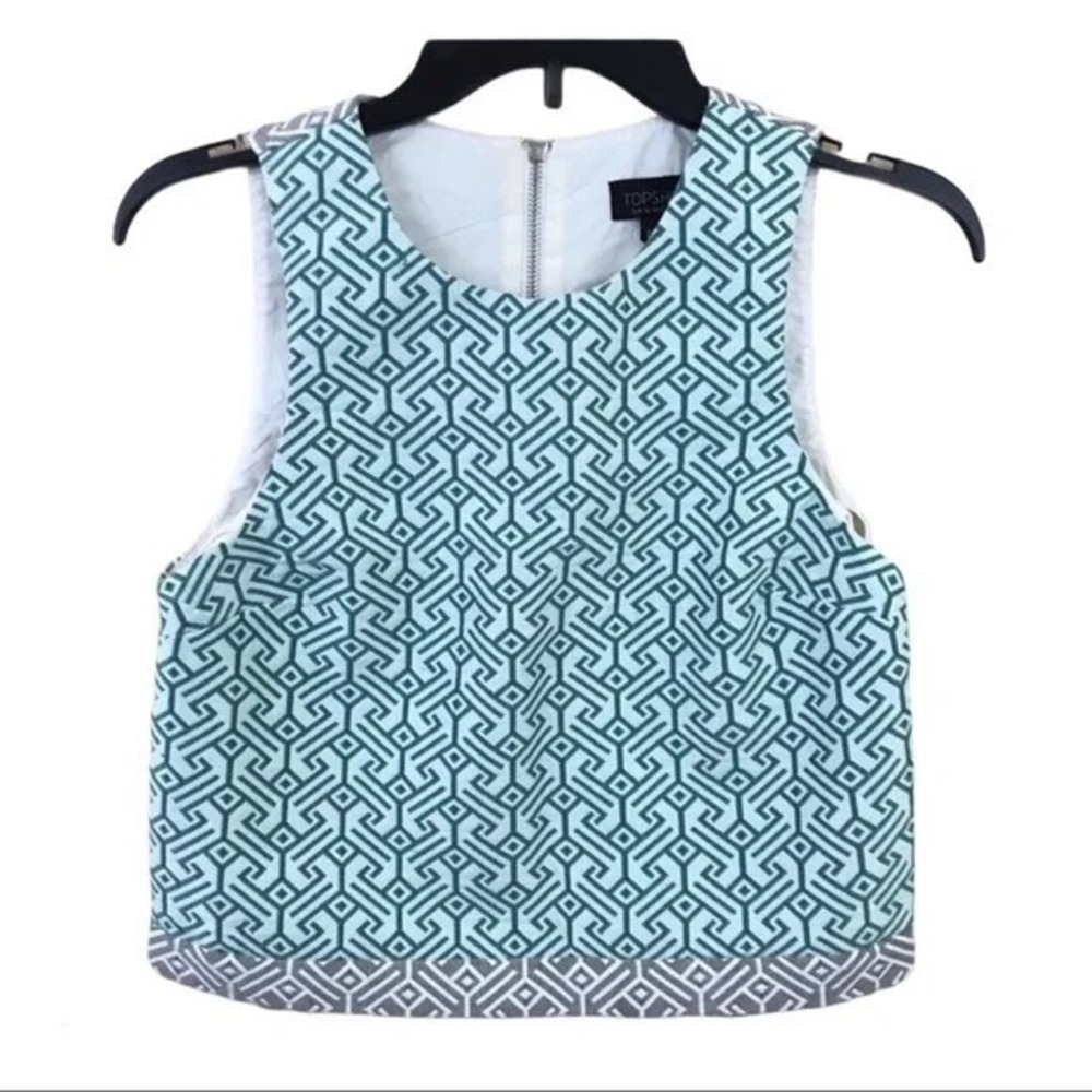 Topshop Teal Geometric Greek Key Sleeveless Crop Top Back Zip Womens Size 2